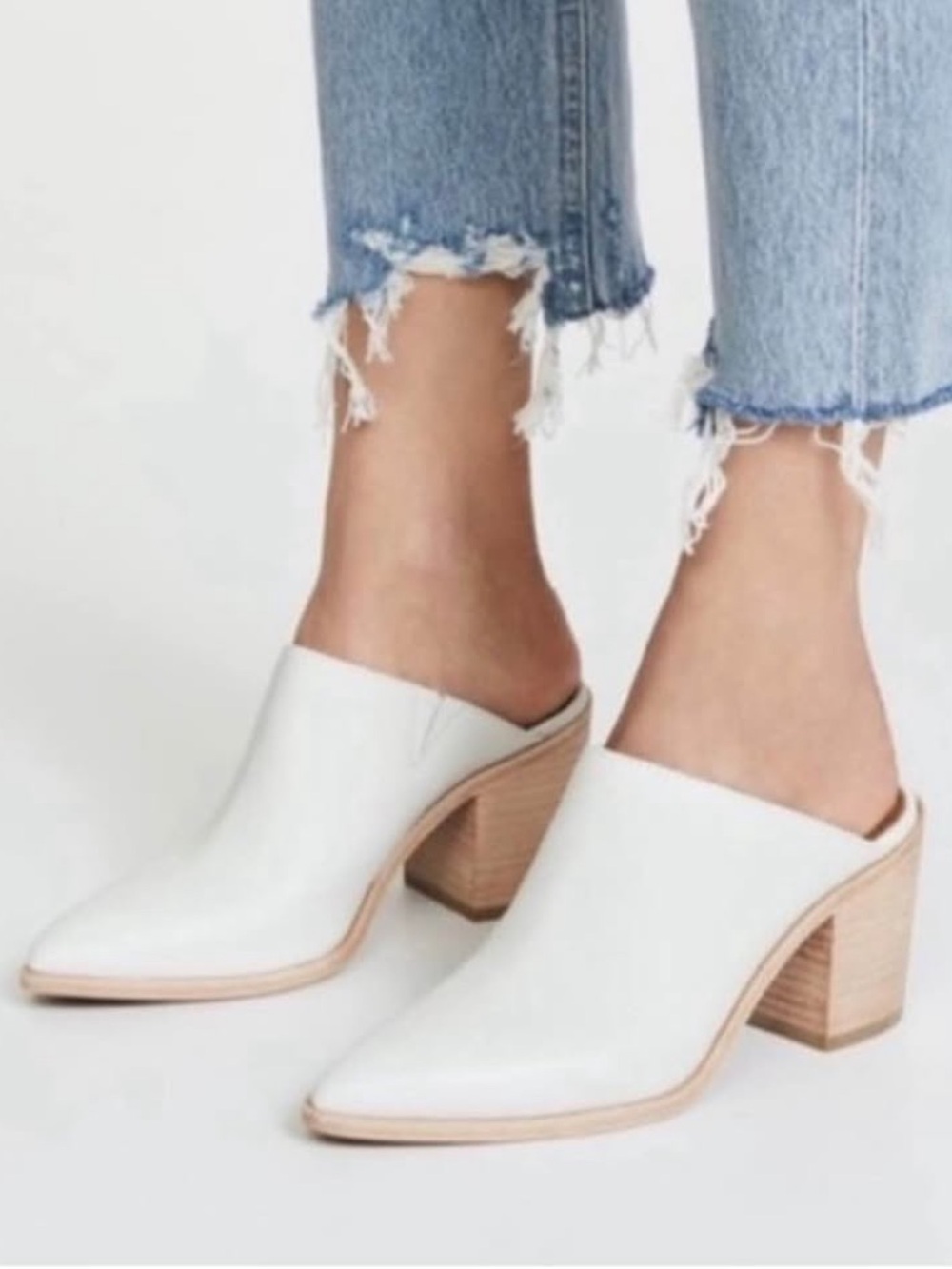 Frye White Leather Pointed Block Heel Mules